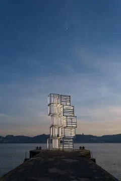 The Central Tejo, modern artwork piece by Pedro Cabrita Reis on the Tagus riv Stock Photos