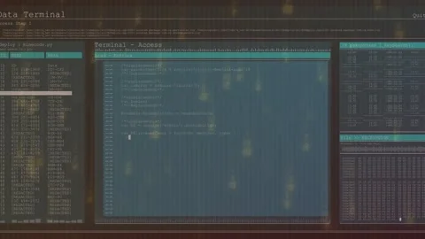 Central terminal editor fading from dark, filling code and updating status Stock Footage 331126076
