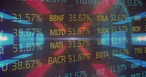 Central ticker codes and percents floating in dashboard with glitch arrows X Stock Illustration