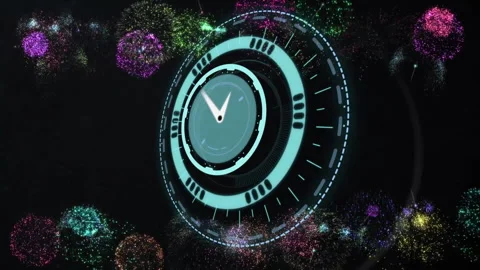 Central timer launching pointer rotating, fireworks pulsing and rings dissolving Stock Footage 310729041