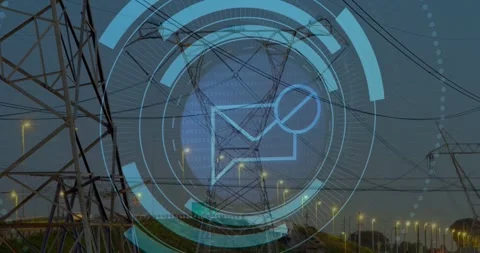 Central tower showing HUD fading in frame three, revealing envelope icon and Stock Footage 333830331