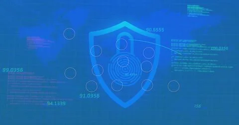 Central translucent shield displaying fingerprint motif in security dashboard, 스톡 일러스트
