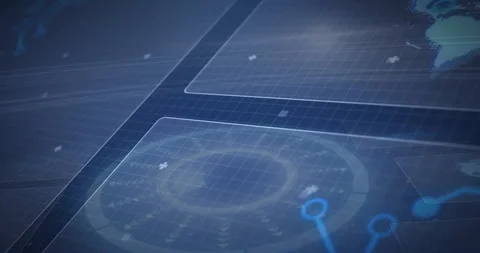 Central transparent UI panel showing circular radar in flat design, glowing Stock Footage 307443009