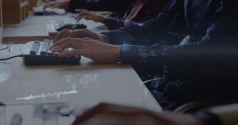 Central typist hands starting typing, code wave overlays tracking keys and Stock Footage 330894337