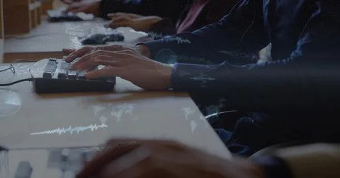 Central typist hands starting typing, code wave overlays tracking keys and Foto stock