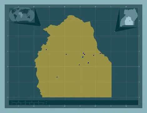 Central, Uganda. Solid color shape. Locations of major cities of the region Stock Illustration