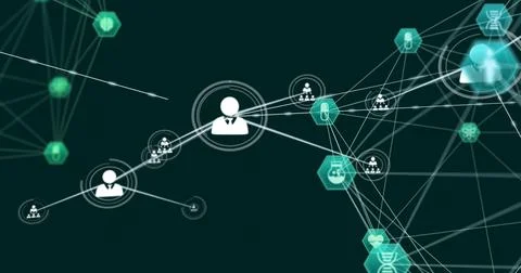Central user icon activating and forming links, connecting users to medical Stock Illustration