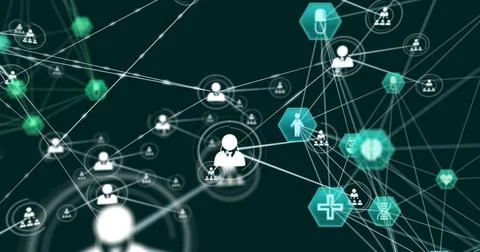Central user icon activating and forming links, connecting users to medical Stock Illustration