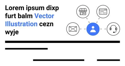 Central user icon connected to email, shopping cart, browser, and headset ico 스톡 일러스트