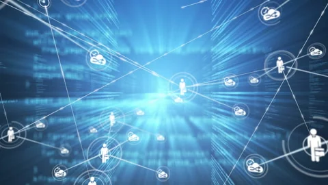 Central user icon extending lines to infinity symbols on code walls visualizing Stock Footage 311884033