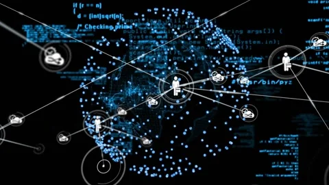 Central user icon initiating connections, data globe expanding, forming scalable Stock Footage 330741487