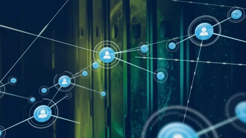 Central user icon pulsing and radiating lines, forming data nodes illustrating Stock Footage 312229947