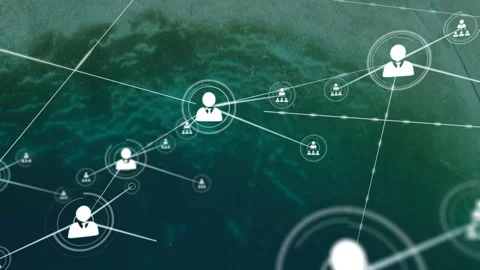 Central user icon pulsing once, sending lines to nodes and pulsing rings Stock Footage 323175459