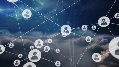 Central user icon spawning linked profile nodes at intervals, cloud network Stock Footage 330581463