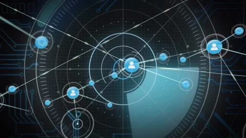 Central user node connecting with blue chat bubble icons and data points in Stock Footage 307856711