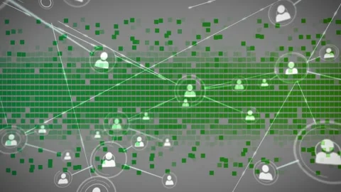 Central user node emitting white lines and spawning avatars over green grid, 스톡 동영상 333967366