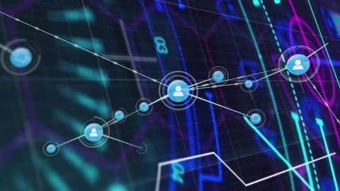 Central user node network expanding and linking after cyan beam sweep, showing Video stock 329471607