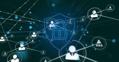 Central user node pulsing sending lines forming group nodes shield rising Stock Footage 333830045