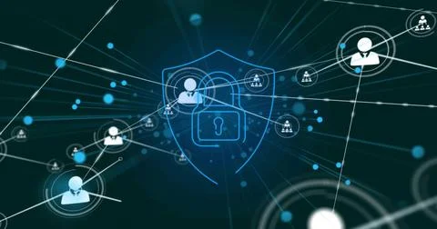 Central user node pulsing sending lines forming group nodes shield rising Stock Illustration