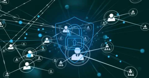 Central user node pulsing sending lines forming group nodes shield rising Stock Illustration