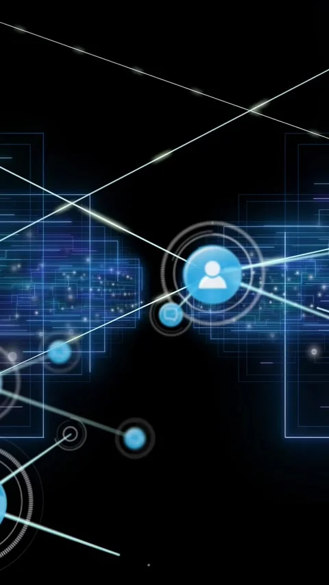 Central user node sending beams in tech HUD connecting nodes with pulsing chats Stock Footage 330286068