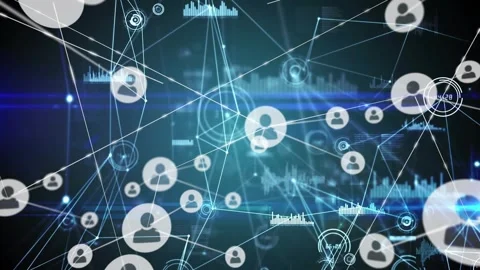 Central user node spawning icons and lines, evolving into dense network showing Vídeo Stock 331736061