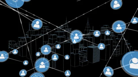 Central user node spawning linked blue nodes across wireframe city, showing tech Vídeos de archivo 331048459