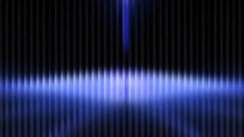 Central vertical blue neon light column pinching in reflecting on glass Stock Footage 328034122