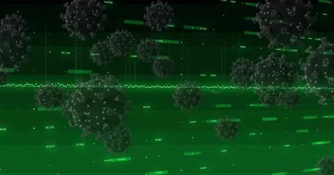 Central virus-like 3D sphere floating in schematic environment, with numeric Stock Photos