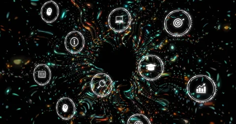 Central vortex spinning in digital space, sending orbiting icons illustrating Stock Footage 309109619