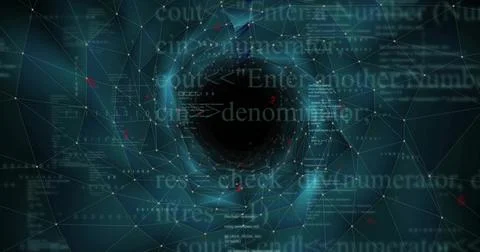 Central vortex void pulsing in network mesh in cyberspace, with floating code Stock Illustration