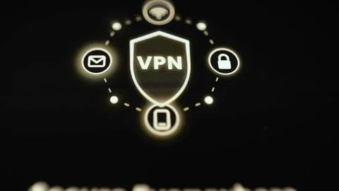 Central VPN shield linked to email, cloud, lock and mobile device symbols Fotos Stock