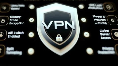 Central VPN shield surrounded by ultra fast speed Stock Photos