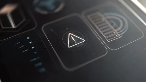 Central warning icon beside server scanner Stock Photos