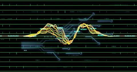 Central waveform cluster oscillating in computer interface with green grid, blue Stock Illustration