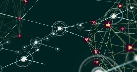 Central white node sending luminous line, linking satellites and activating icon Vídeos de archivo 334182658