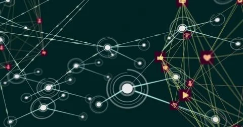 Central white node sending luminous line, linking satellites and activating icon 库存插图