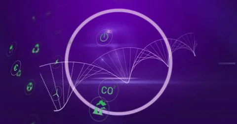 Central white ring floating with dotted-wave in purple gradient, showing green 写真素材