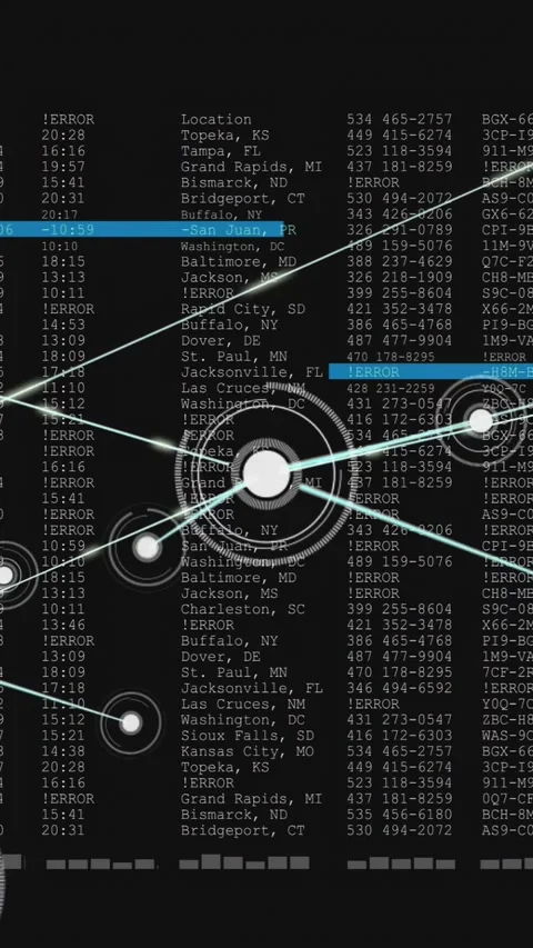 Central white round hub pulsing and linking network nodes while cyan scan bar Video stock 330286070