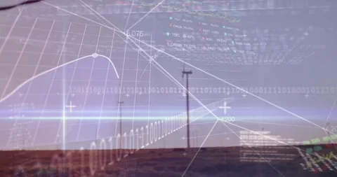 Central wind turbine spinning over flat field, showing flat design line graphs Video stock 330725421