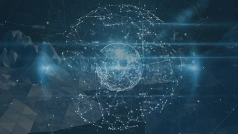 Central wireframe data sphere pulsing in dark low-poly virtual space, showing Stock Footage 308025129