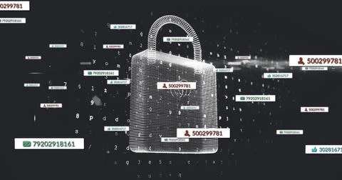 Central wireframe padlock spinning in digital space, with info cards and Stock Photos