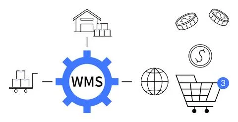 Central WMS icon with connections to warehouse, pallet, globe, shopping cart, Stock Illustration