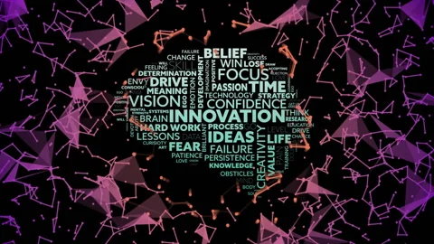 Central word cloud showing innovation floating in flat design with magenta Stock Footage 307453267