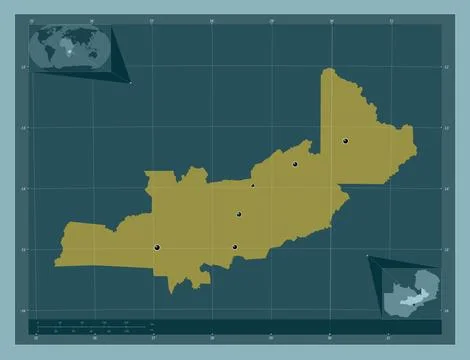 Central, Zambia. Solid color shape. Locations of major cities of the region Stock Illustration