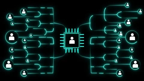 Centralized ai processor connected to network of user icons glowing cyan an.. Stock-Footage 337366242