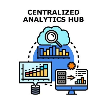 Centralized analytics hub connecting data processing and insights Stock Illustration