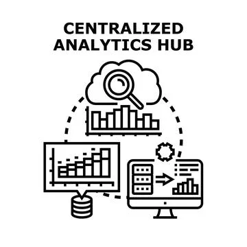 Centralized analytics hub connecting data processing and insights Stock Illustration