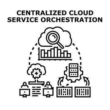 Centralized cloud computing service orchestration connecting diverse systems Stock Illustration