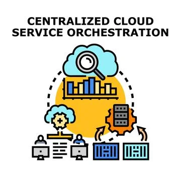 Centralized cloud computing service orchestration connecting diverse systems Stock Illustration